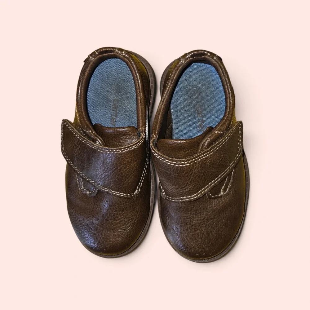 Carters Toddler Boys Brown Faux Leather Dress Shoes Hook Loop Strap Size 7